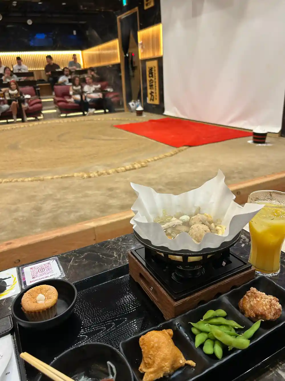 Black lacquer tray with Japanese cuisine and drinks