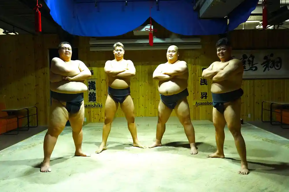 Four large sumo wrestlers standing in formal pose