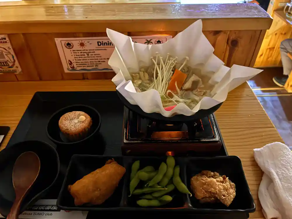 Japanese meal set with vegetable broth and side dishes