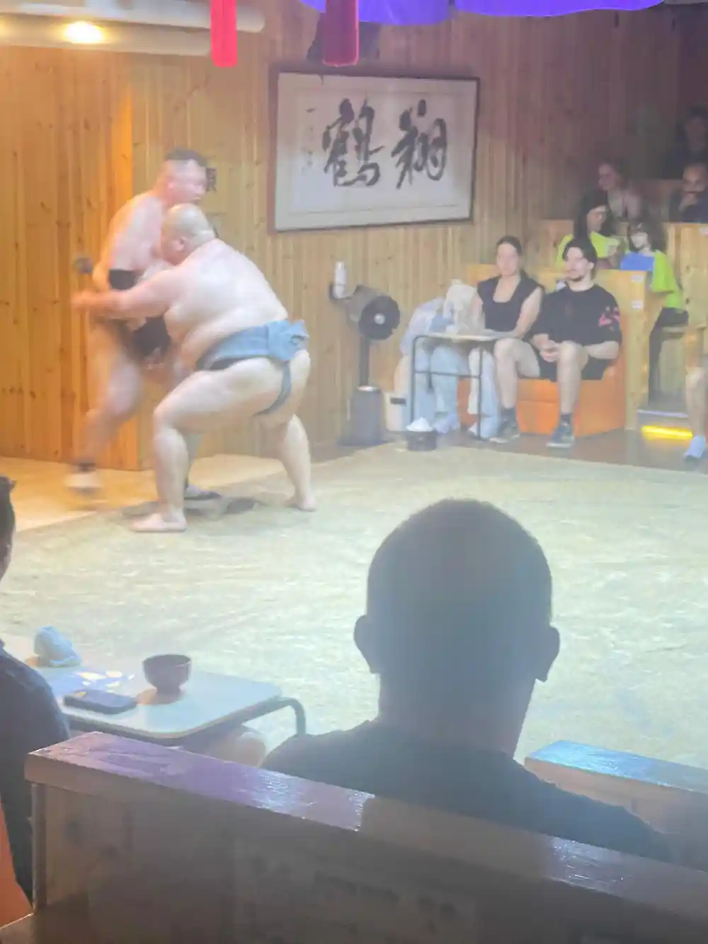Two sumo wrestlers grappling in indoor arena with spectators