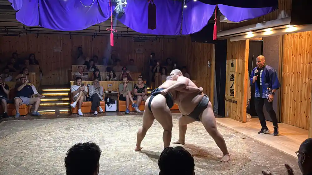 Sumo wrestler in match with spectators watching ringside