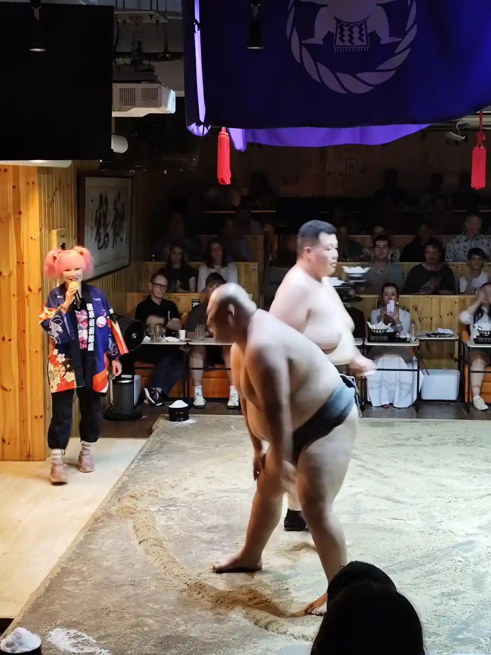 Sumo wrestler performing in ring with seated audience