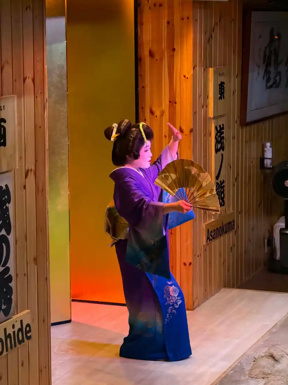Woman in traditional Japanese blue kimono indoors